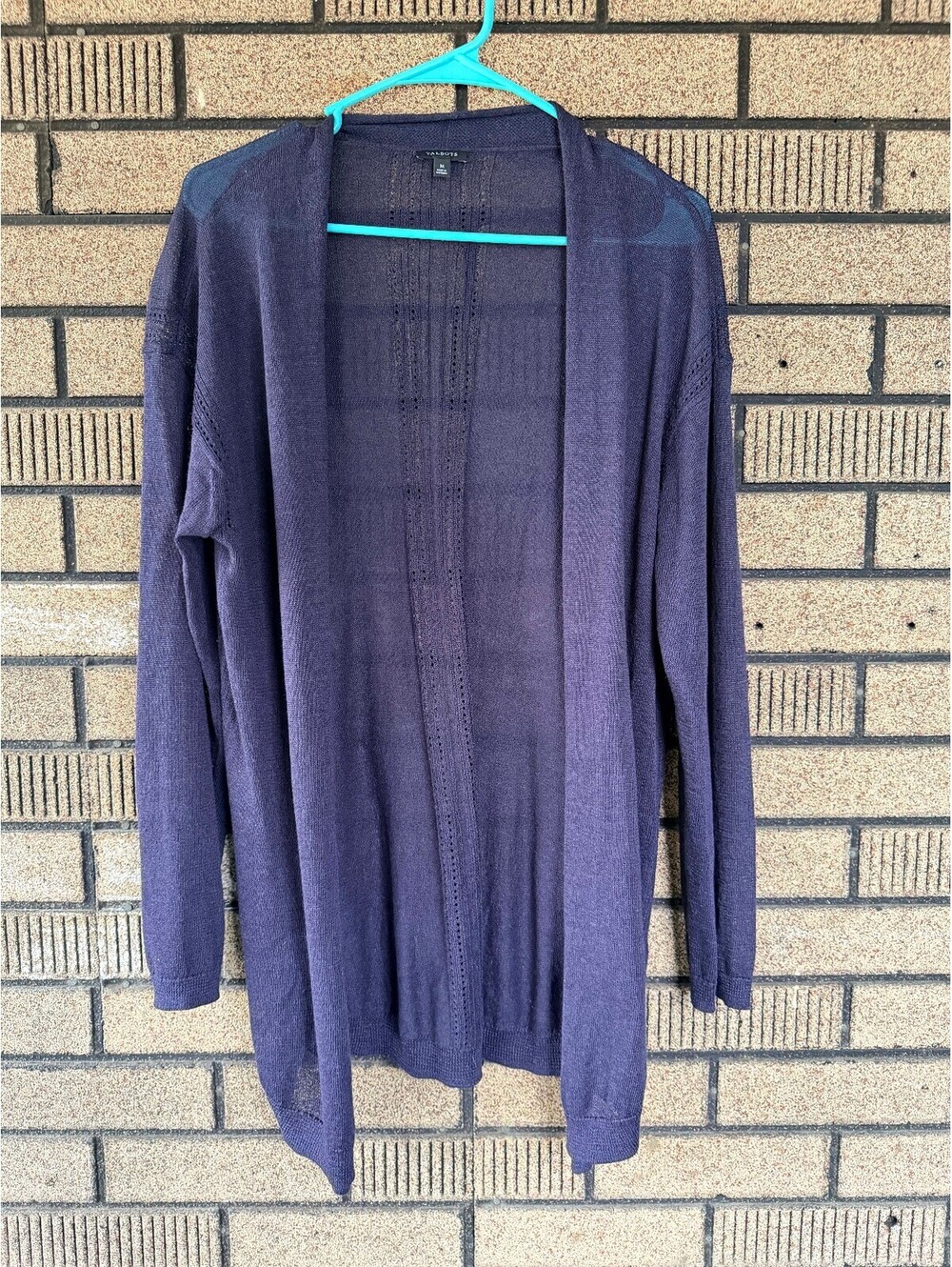 Talbots Navy Linen Blend Open Front Longline Cardigan Size M Pointelle Knit